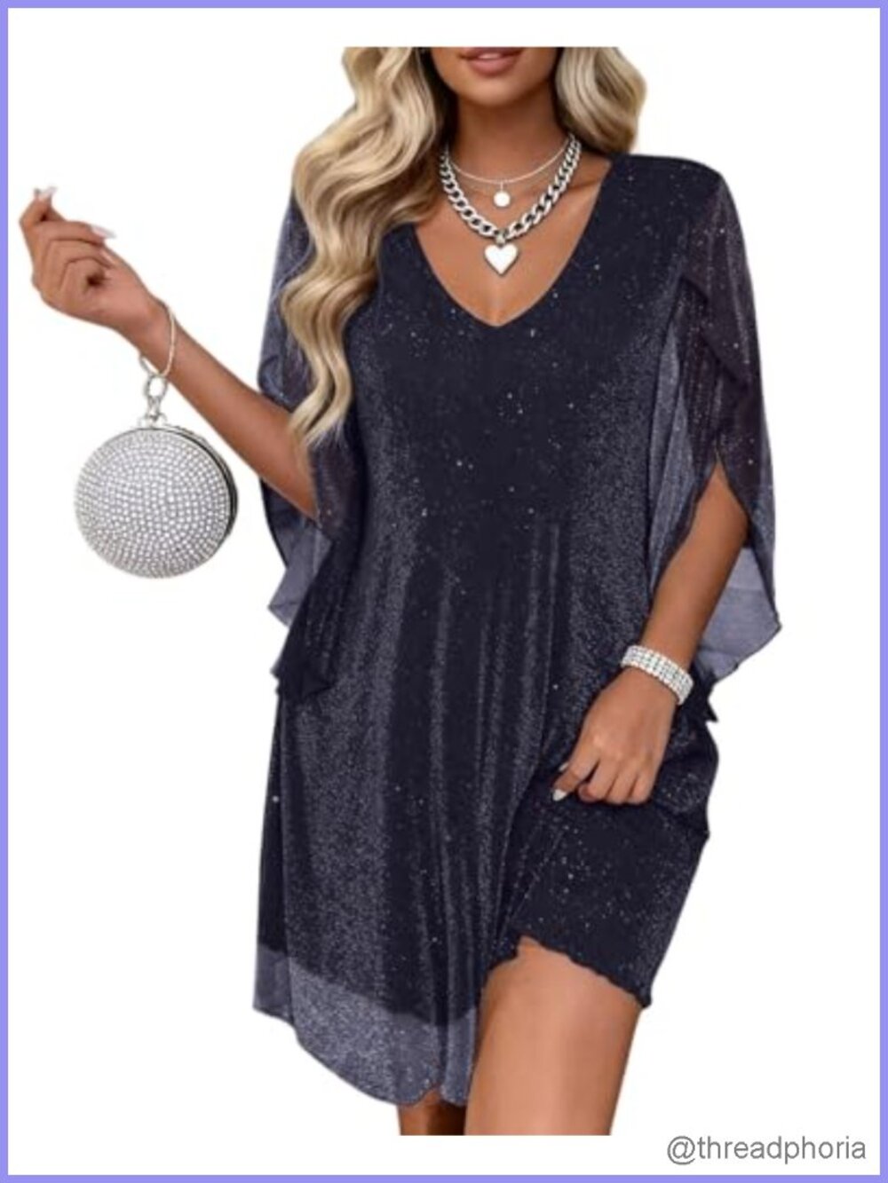 Sparkly Chiffon Cocktail Dress Flutter 3/4 Sleeve Wedding Guest Party